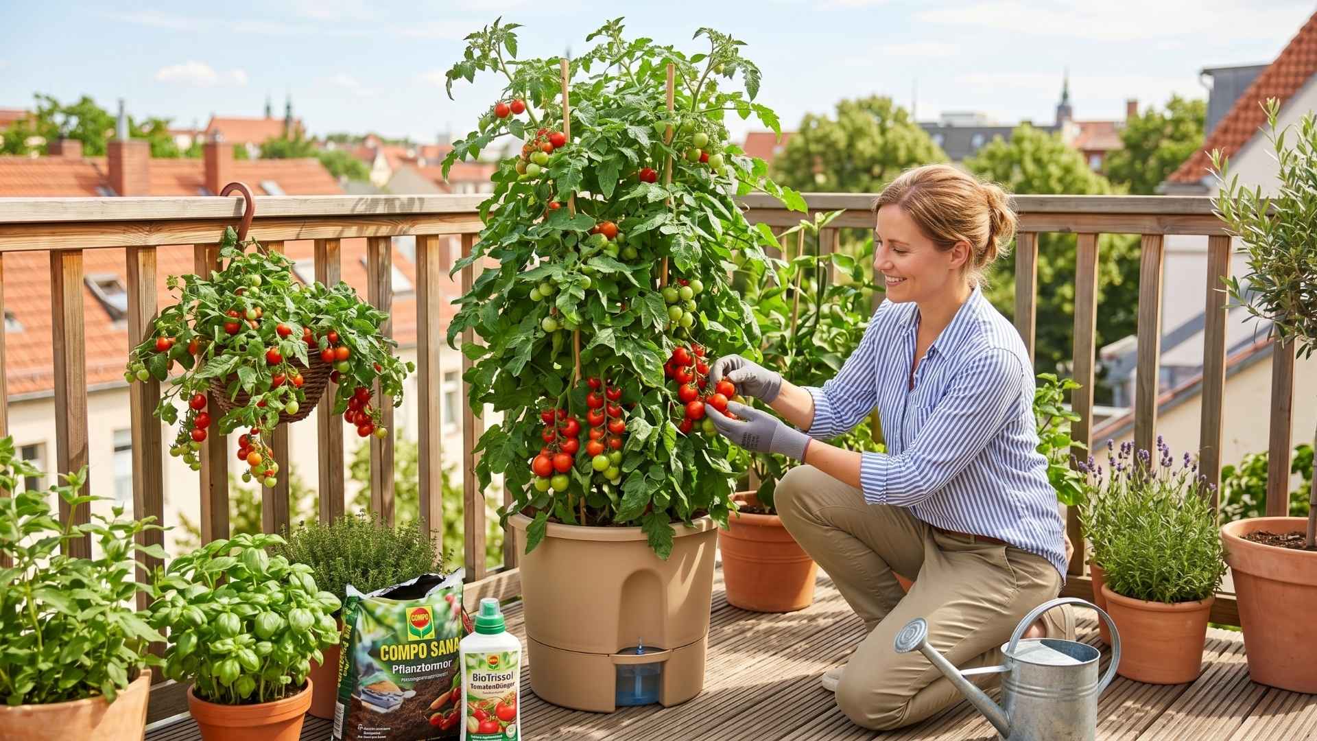 Eine lächelnde Frau erntet reife rote Kirschtomaten von einer großen Tomatenpflanze im Kübel auf einem sonnigen Stadtbalkon.