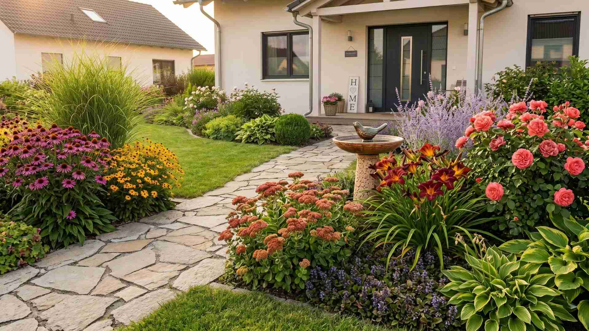 Ein modern gestalteter Vorgarten mit geschwungenem Natursteinweg, einer dekorativen Vogeltränke und pflegeleichten Pflanzen wie Sonnenhut, Hostas und Gräsern.