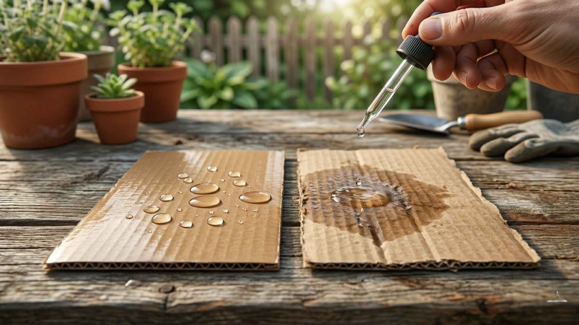 Vergleich beim Wassertest für Pappe im Garten: Auf dem linken Kartonstück perlen Wassertropfen ab (beschichtet), während das rechte Stück das Wasser sofort aufsaugt (unbeschichtet und ideal zum Kompostieren).
