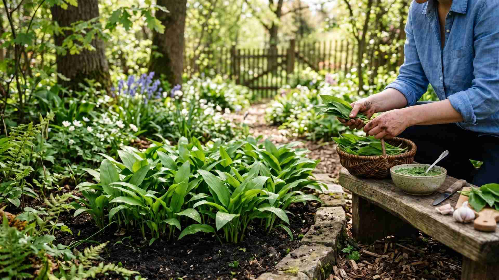 Eine Person erntet frischen Bärlauch in einem üppigen Gartenbeet; daneben steht eine Schüssel mit selbstgemachtem Bärlauchpesto auf einer rustikalen Holzbank.