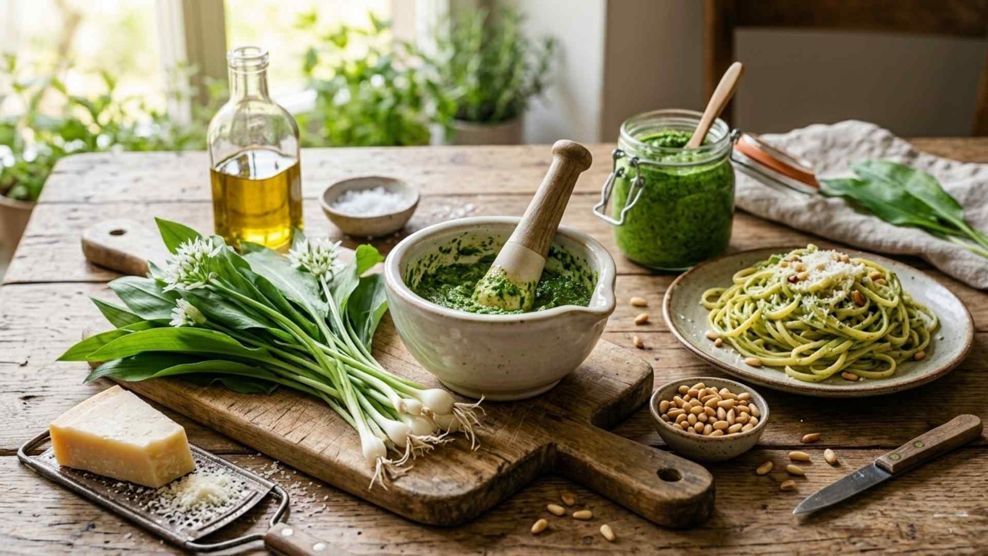 Ein rustikaler Holztisch mit den Zutaten für Bärlauch-Pesto: frische Bärlauchblätter mit Zwiebeln, Olivenöl, Pinienkerne, Meersalz und Parmesan; mittig ein Mörser mit frischem Pesto sowie ein fertiger Teller Spaghetti.