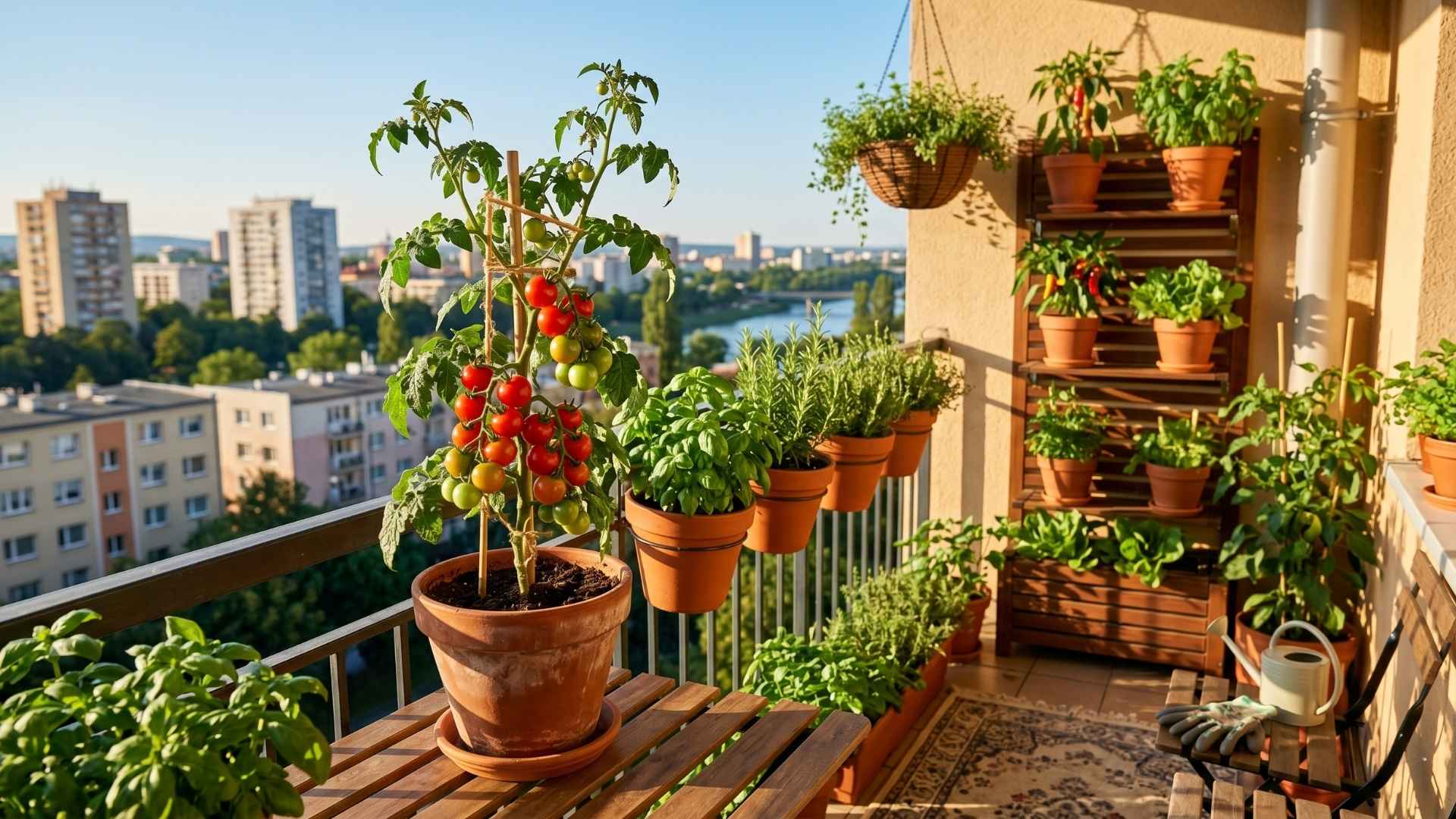 Ein kleiner, sonnenüberfluteter Stadtbalkon mit üppigem Balkongemüse für Anfänger. Im Vordergrund steht eine ertragreiche Kirschtomaten-Pflanze in einem Terracotta-Topf, daneben hängen frische Kräuter wie Basilikum am Balkongeländer. Im Hintergrund sind ein vertikales Holzregal mit Pflanzen und eine leicht verschwommene City-Skyline zu sehen.