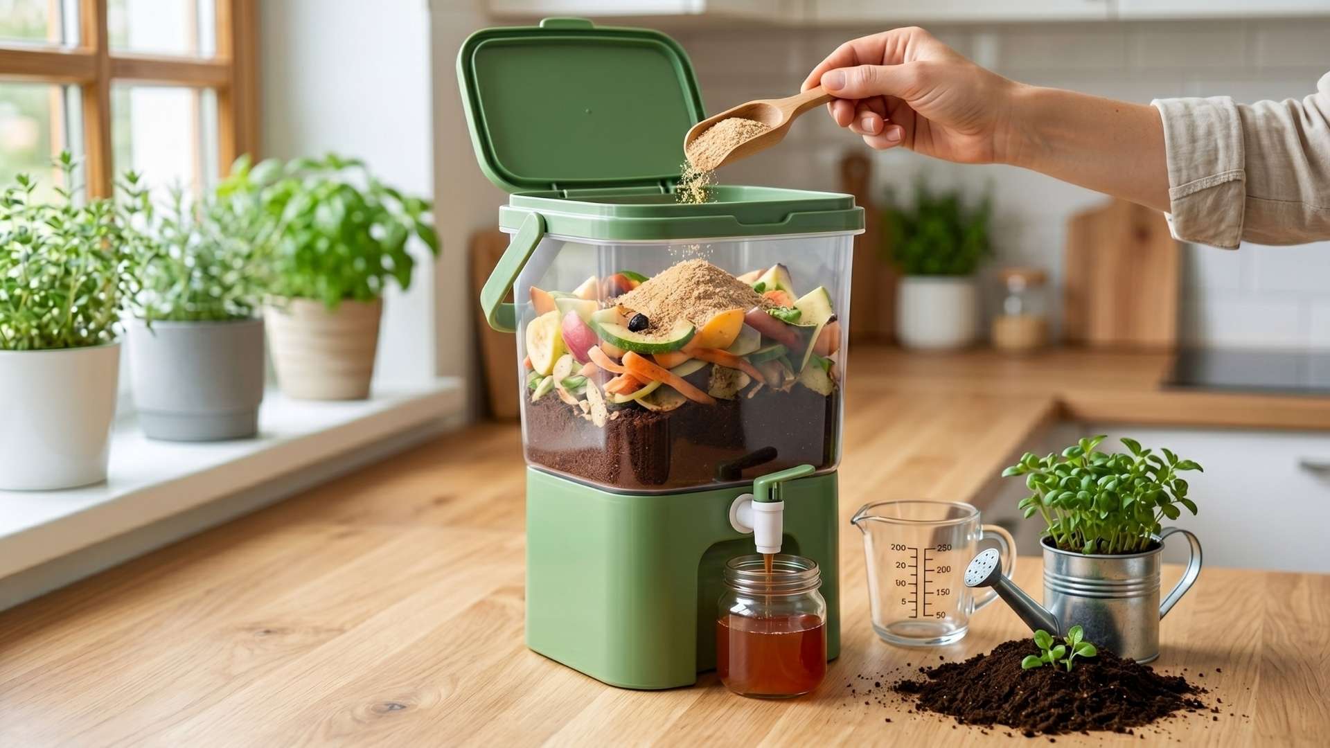 Ein grüner, teil-transparenter Bokashi-Eimer steht auf einer hellen Holzarbeitsplatte in einer modernen Küche. Im Inneren sind geschichtete Bioabfälle und Fermentations-Pellets sichtbar. Eine Hand fügt eine neue Schicht Aktivator hinzu, während aus dem unteren Zapfhahn dunkler Flüssigdünger in eine Flasche abläuft. Daneben wird eine gesunde Zimmerpflanze gegossen.