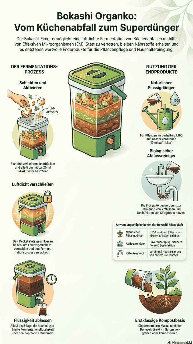 Bokashi Organko: Vom Küchenabfall zum Superdünger – Infografik Infografik „Bokashi Organko: Vom Küchenabfall zum Superdünger“. Sie zeigt in fünf illustrierten Schritten den Fermentationsprozess im Bokashi-Eimer (Schichten mit EM-Aktivator, luftdicht verschließen, Flüssigkeit ablassen) und die Nutzung der Endprodukte als Flüssigdünger, Abflussreiniger und Kompostbasis.