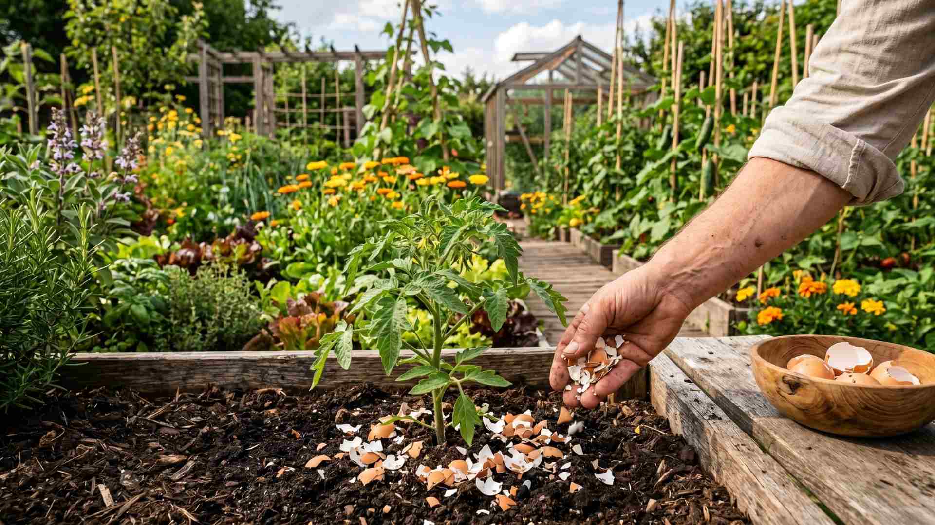 Eine Hand streut sorgfältig zerbröselte weiße Eierschalen als natürlichen Kalkdünger um eine junge Tomatenpflanze in einem rustikalen Hochbeet.