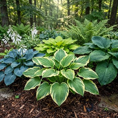 Quadratisches Gartenfoto einer üppigen Gruppe verschiedener Hosta-Sorten in einem Beet mit dunklem Rindenmulch, Farnen im Hintergrund und sanftem, gefiltertem Sonnenlicht.