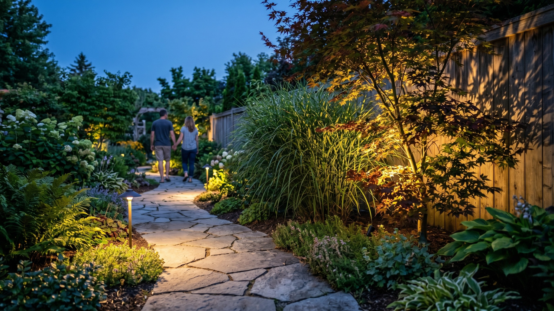 Indirekte Beleuchtung für Gartenwege und Pflanzen Ein geschwungener Gartenweg aus Naturstein am Abend, der von sanften Bodenleuchten erhellt wird, während im Hintergrund Gräser von unten warm angestrahlt werden.