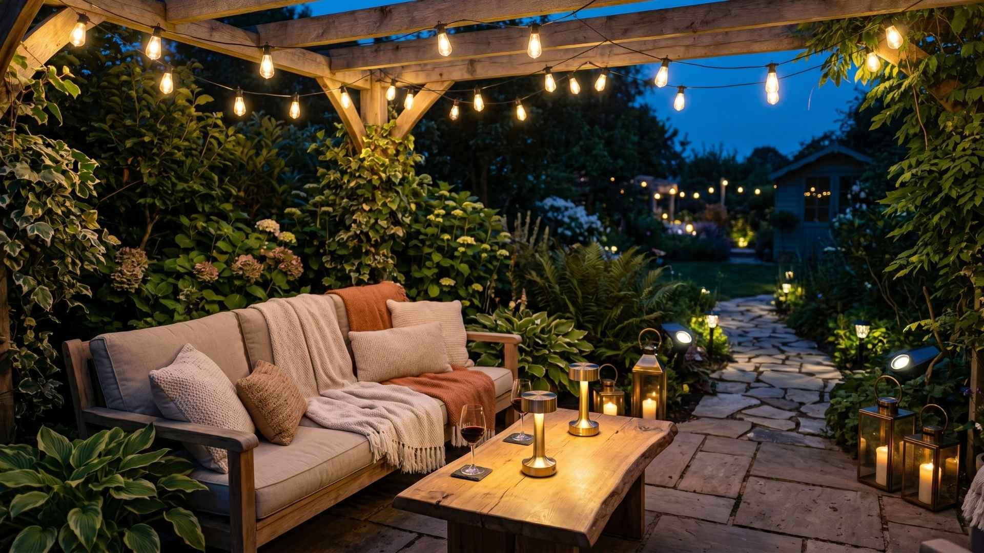 Gemütliche Gartenbeleuchtung auf einer Terrasse mit Sofa, warmweißen Lichterketten an einer Pergola und modernen Akku-Tischleuchten auf einem Holztablett am Abend.