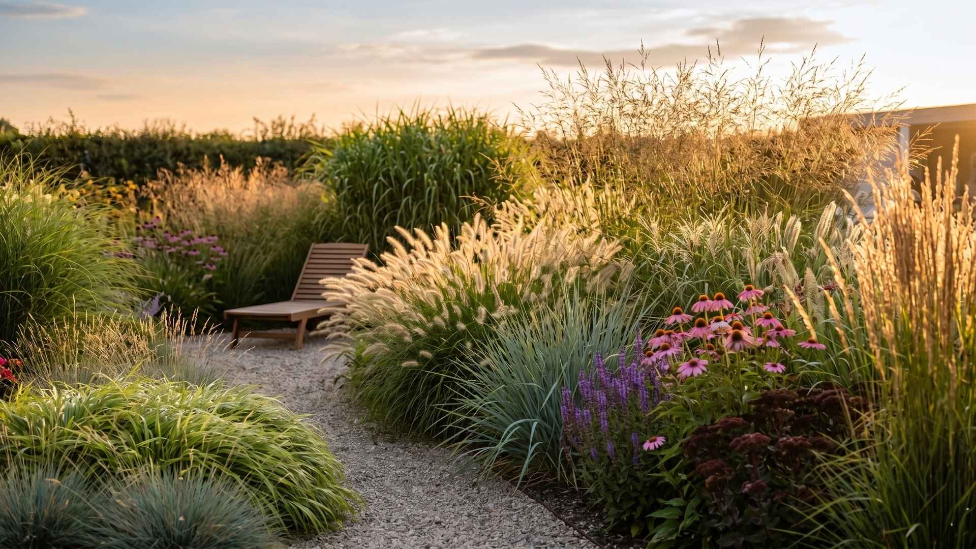 Ein modern gestalteter Gräsergarten mit Lampenputzergras, Sonnenhut und Salbei im warmen Abendlicht. Im Hintergrund ragen hohe Gerüstgräser wie Chinaschilf empor, während ein schmaler Kiesweg an einem Liegestuhl vorbeiführt.