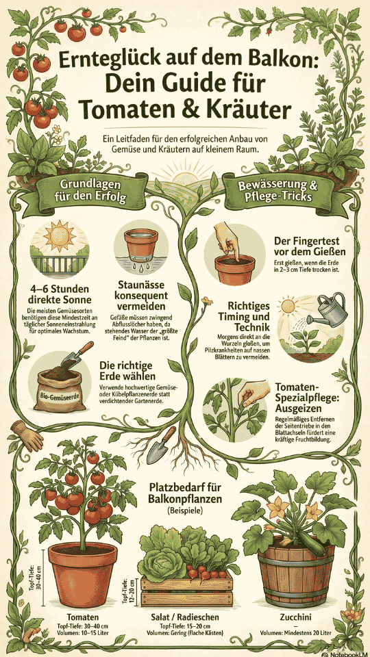 Illustrierte Infografik mit dem Titel „Ernteglück auf dem Balkon: Dein Guide für Tomaten & Kräuter“. Die Grafik ist in drei Bereiche unterteilt: „Grundlagen für den Erfolg“ (Sonne, Staunässe vermeiden, Gemüseerde), „Bewässerung & Pflege-Tricks“ (Fingertest, morgens gießen, Tomaten ausgeizen) sowie eine Übersicht zum Platzbedarf von Tomaten, Salat/Radieschen und Zucchini im Topf. Das Design ist in warmen Naturtönen gehalten und mit Ranken, Tomaten und Pflanzen reich bebildert.