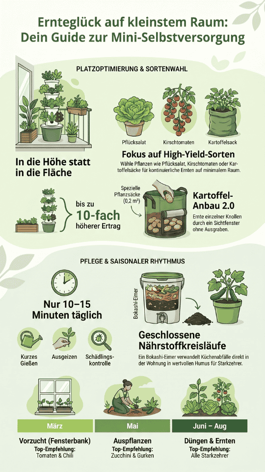 Infografik "Ernteglück auf kleinstem Raum" mit Tipps zur Mini-Selbstversorgung: Darstellung von vertikalem Gärtnern, High-Yield-Sorten wie Kirschtomaten, Kartoffelanbau im Sack und Bokashi-Kompostierung.