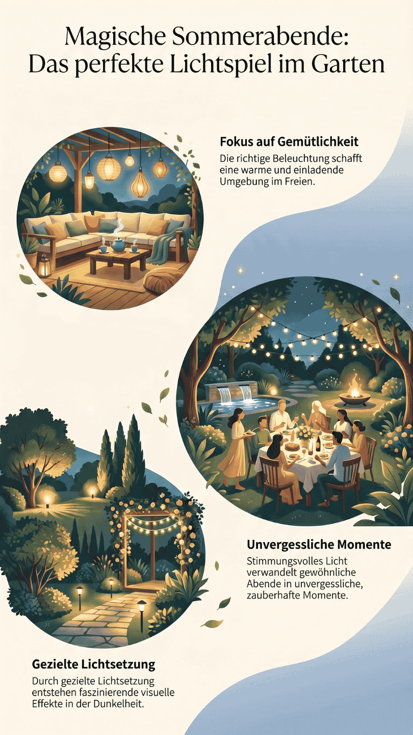 Infografik: Magische Sommerabende im Garten Infografik über gemütliche Gartenbeleuchtung mit drei illustrierten Beispielen: Eine Lounge-Ecke mit Hängelampen, ein beleuchteter Abend-Essplatz mit Lichterketten und ein Gartenweg mit gezielter Bodenbeleuchtung.
