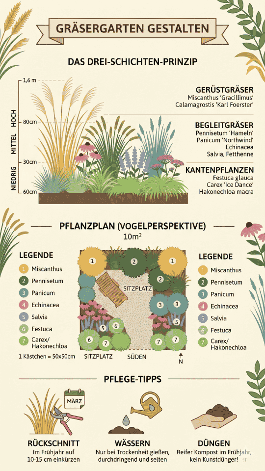 Infografik zum Thema Gräsergarten gestalten mit einer Übersicht zum Drei-Schichten-Prinzip, einem 10m² Pflanzplan in der Vogelperspektive und wichtigen Pflege-Tipps zu Rückschnitt, Bewässerung und Düngung.