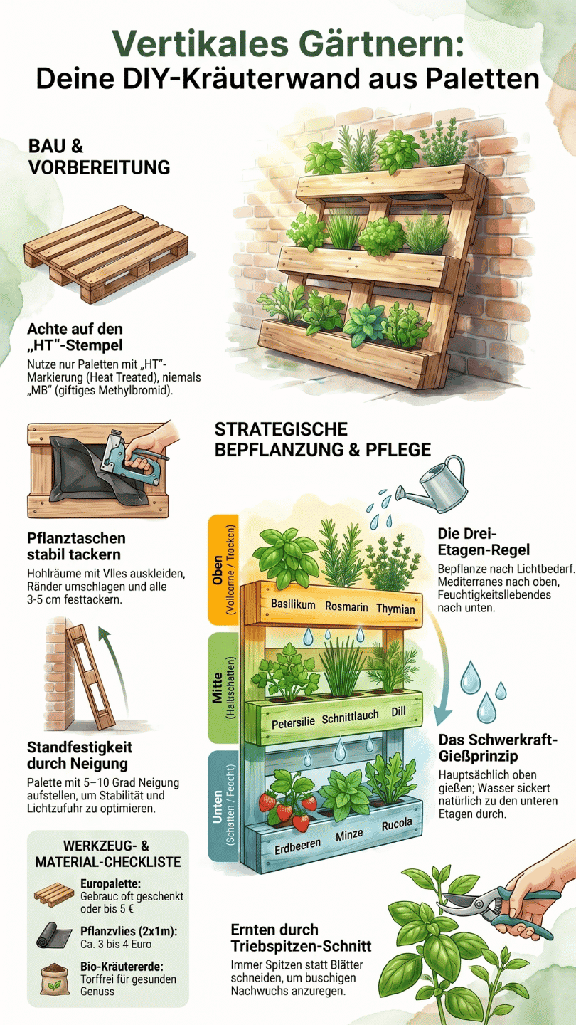 Eine übersichtliche Infografik zum Thema vertikales Gärtnern mit dem Titel „Deine DIY-Kräuterwand aus Paletten“. Die Grafik zeigt illustrierte Schritt-für-Schritt-Anleitungen zu Bau, Vorbereitung und der Werkzeug-Checkliste sowie den perfekten Drei-Etagen-Belegungsplan für Kräuter und Erdbeeren inklusive Gieß-Hacks.