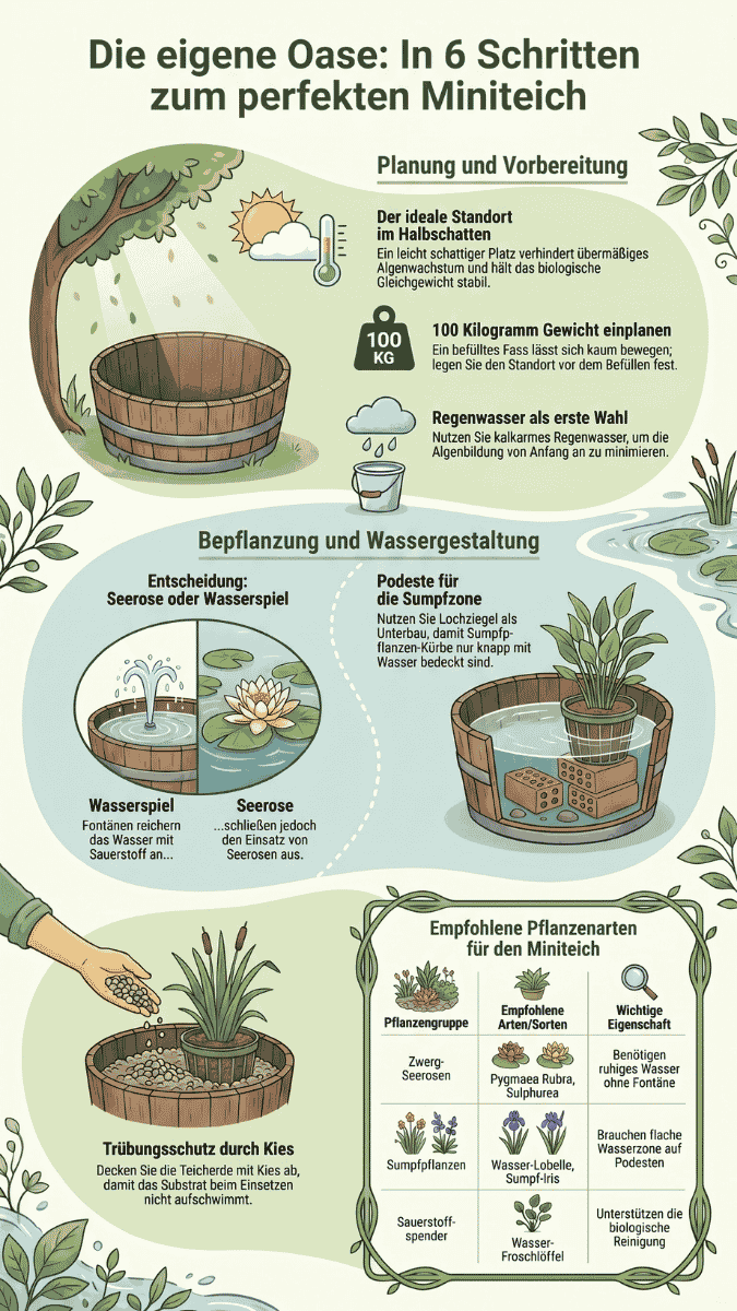 Infografik: 5 einfache Schritte zum Miniteich anlegen – Gefäßwahl, Standort, Auskleidung, Bepflanzung und Wasser befüllen.