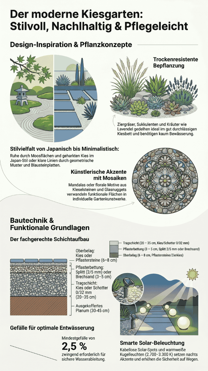 Infografik über den modernen Kiesgarten: Darstellung von japanischen und minimalistischen Designstilen, trockenresistenten Pflanzen wie Sukkulenten und Lavendel, einem Steinmosaik-Mandala sowie technischen Details zum fachgerechten Schichtaufbau und smarter Solar-Beleuchtung.