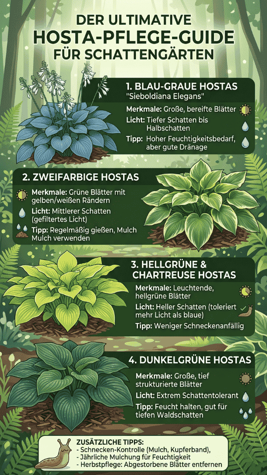 Eine illustrierte vertikale Infografik mit dem Titel 'DER ULTIMATIVE HOSTA-PFLEGE-GUIDE FÜR SCHATTENGÄRTEN'. Sie ist in vier nummerierte Abschnitte unterteilt, die jeweils eine Hosta-Sorte (Blaugrau 'Sieboldiana Elegans', Zweifarbig, Hellgrün, Dunkelgrün) mit detaillierten Pflegehinweisen für Licht und Feuchtigkeit sowie Tipps zu Schneckenresistenz und Mulchen beschreiben. Der untere Teil enthält zusätzliche Pflegetipps mit einer Illustration einer Schnecke.