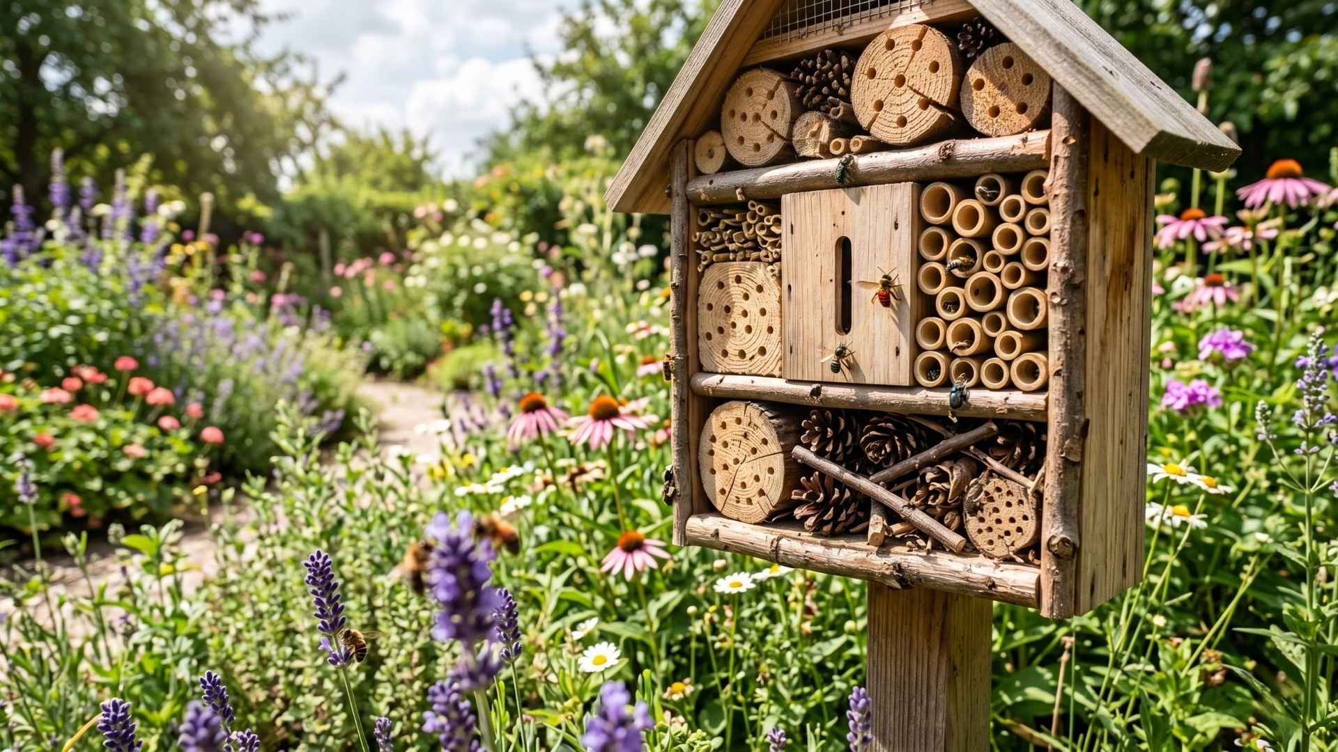 Ein hölzernes Insektenhotel auf einem Holzpfahl im Vordergrund eines sonnigen Gartens. Das Hotel ist mit verschiedenen Naturmaterialien wie gebohrten Holzscheiten, Bambusröhren und Tannenzapfen gefüllt, auf denen vereinzelte Wildbienen sitzen. Der Hintergrund zeigt ein üppiges, leicht unscharfes Beet mit lila Lavendel, rosa Sonnenhüten (Echinacea) und weißen Gänseblümchen entlang eines Gartenwegs.