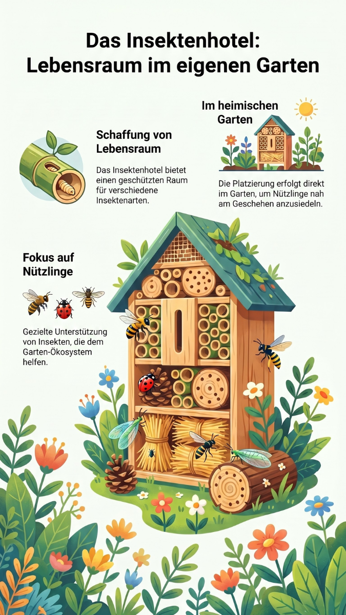 Eine übersichtliche Infografik mit dem Titel „Das Insektenhotel: Lebensraum im eigenen Garten“. Sie zeigt eine detaillierte Illustration eines hölzernen Insektenhotels, umgeben von bunten Blumen und verschiedenen Nützlingen wie Wildbienen und Marienkäfern. Drei Textabschnitte erklären kurz die Schaffung von Lebensraum, die Platzierung im heimischen Garten und den Fokus auf Nützlinge für das Garten-Ökosystem.