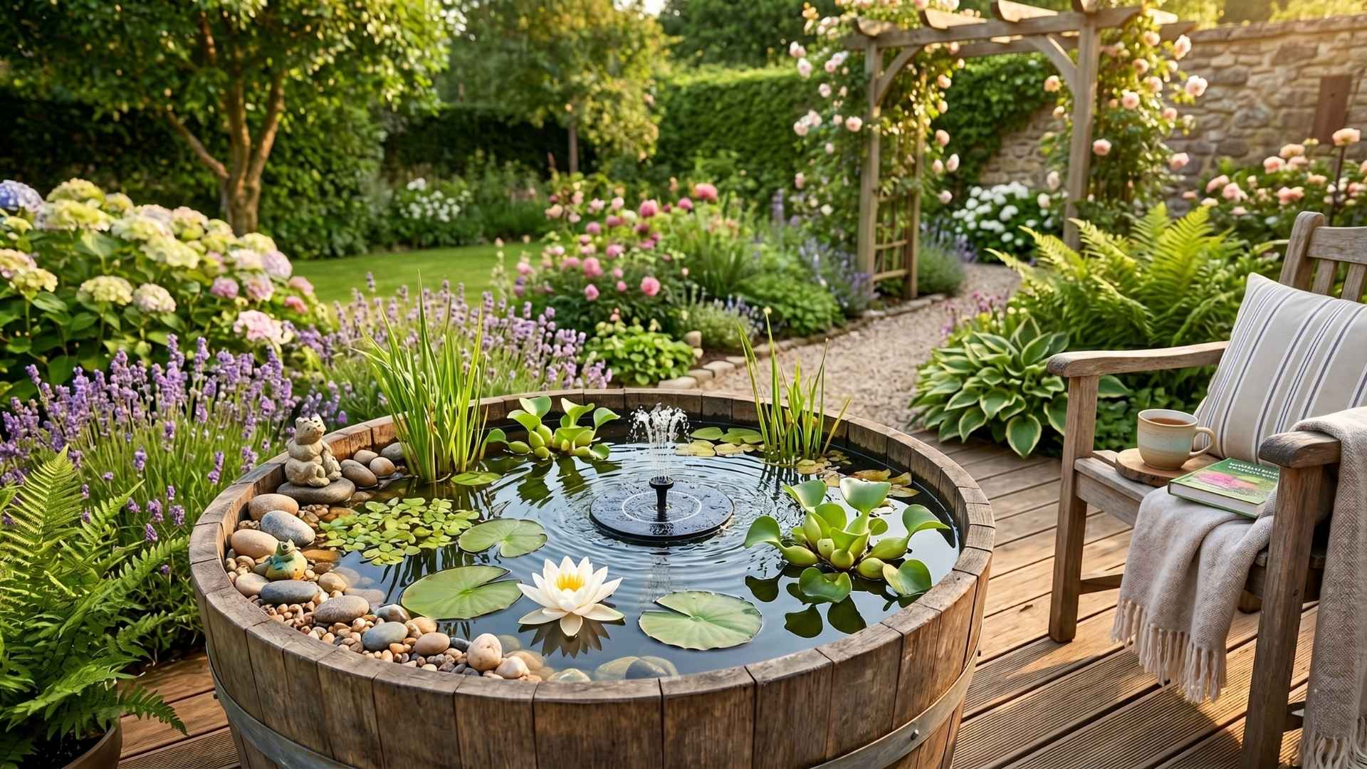 Ein fertig angelegter Miniteich in einem rustikalen Holzfass auf einer Holzterrasse mit einer weißen Seerose, Wasserpflanzen und einem kleinen Solar-Springbrunnen.