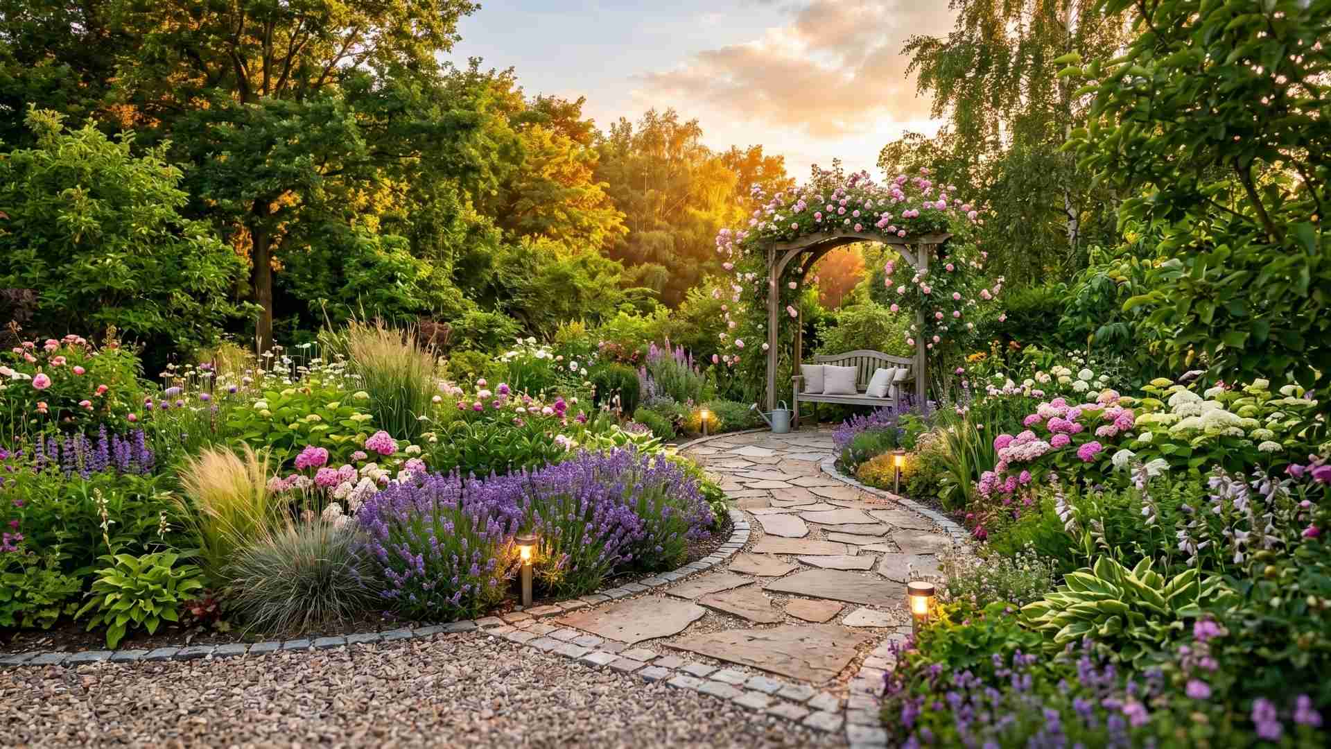 Ein geschwungener Gartenweg aus Naturstein-Platten und feinem Kies, gesäumt von blühendem lila Lavendel und rosa Hortensien bei Sonnenuntergang.