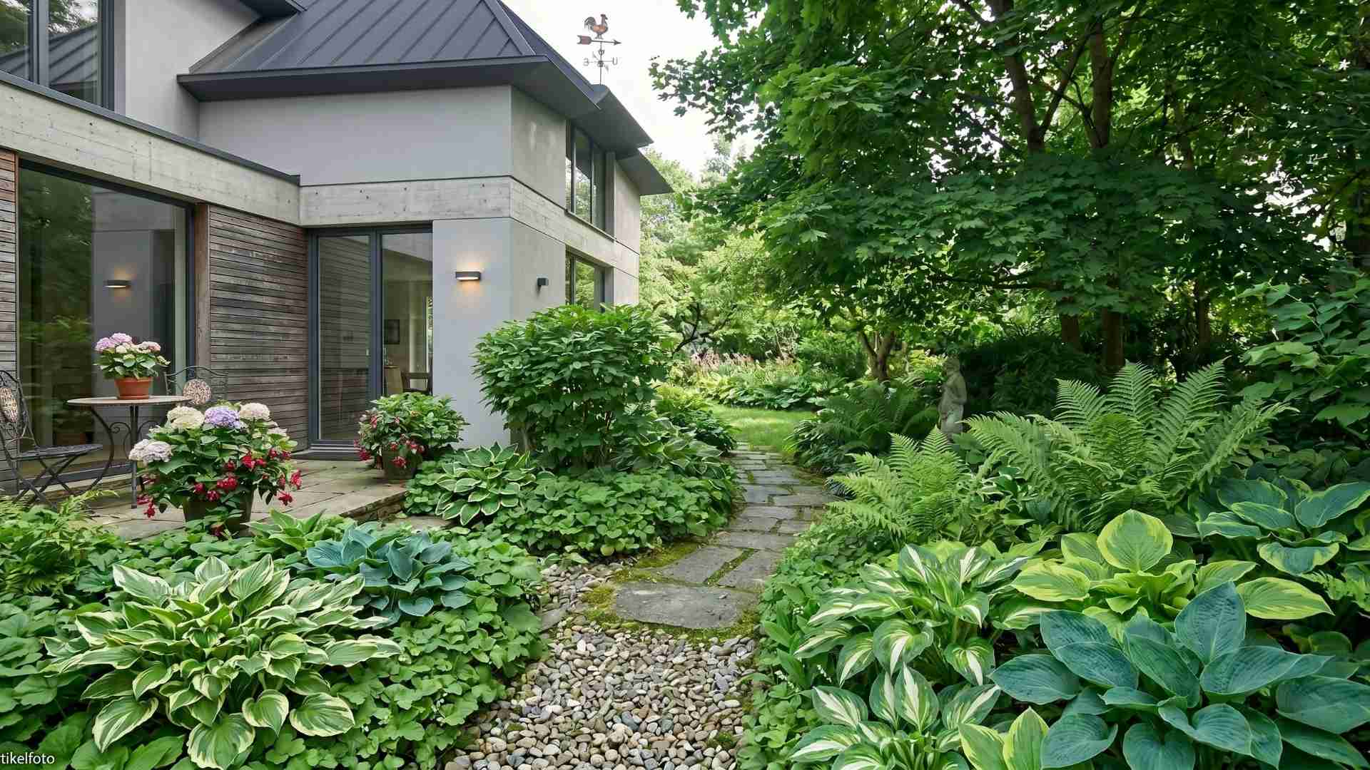 Modern gestalteter Schattengarten hinter einem deutschen Eigenheim mit üppigen Funkien und Farnen entlang eines Steinpfads.