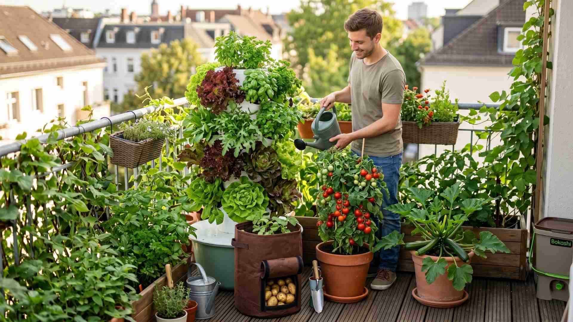 Ein Gärtner pflegt seinen Selbstversorger-Garten auf kleinstem Raum auf einem Balkon. Zu sehen sind ein vertikaler Pflanzturm mit Salaten, Tomaten im Topf, Zucchini und Kartoffel-Pflanzsäcke vor einer Stadtkulisse.