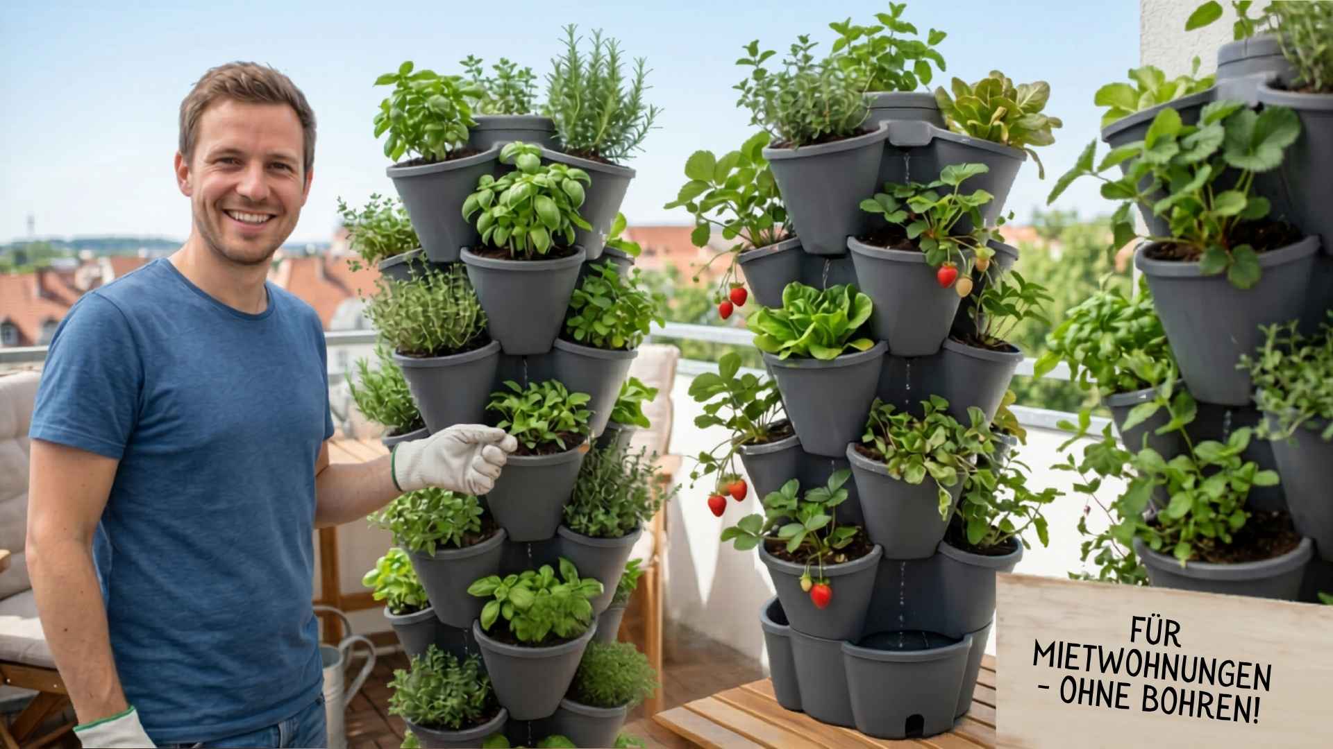 Ein lächelnder Mann steht auf einem Balkon neben zwei vertikalen, stapelbaren Pflanztürmen aus grauem Kunststoff, die reichlich mit Kräutern, Salat und Erdbeeren bepflanzt sind.