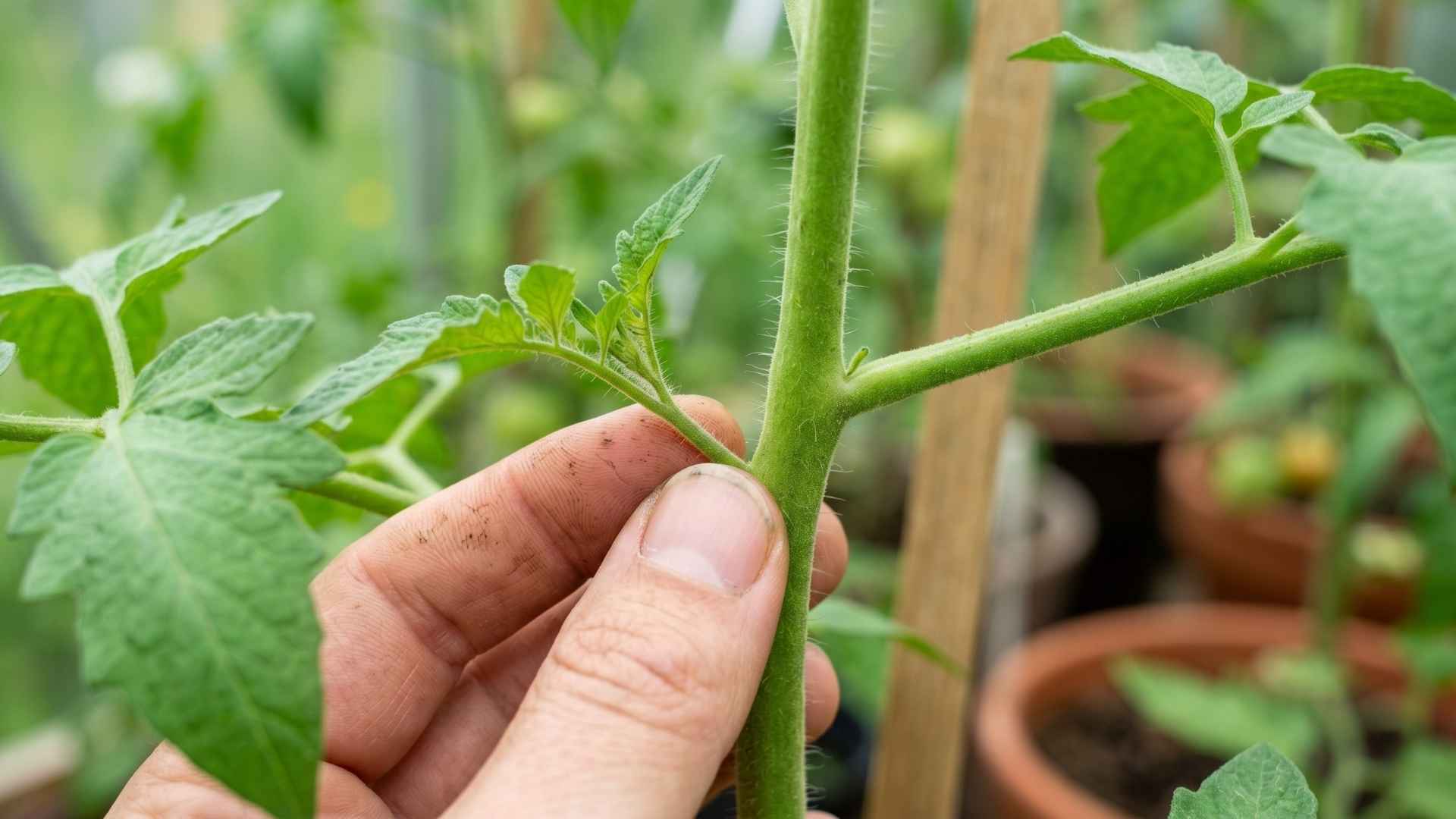 Eine Nahaufnahme (Makro) von Fingern, die einen kleinen, grünen Geiztrieb in der Blattachsel einer Tomatenpflanze greifen. Der kräftige Hauptstängel zeigt feine Härchen, der Hintergrund im Gewächshaus ist weich gezeichnet.