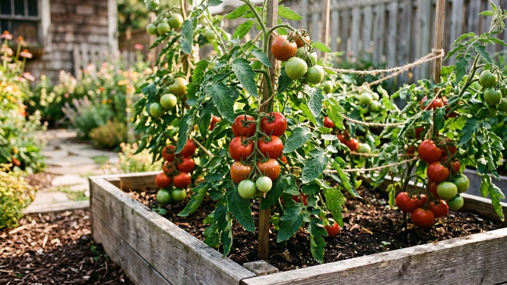 Ein Foto eines rustikalen Holzhochbeets in einem sonnigen Garten, gefüllt mit Tomatenpflanzen voller reifer roter und grüner Tomatentrauben, die an Pfählen befestigt sind. Ein Steinpfad führt tiefer in den blühenden Garten im Hintergrund.