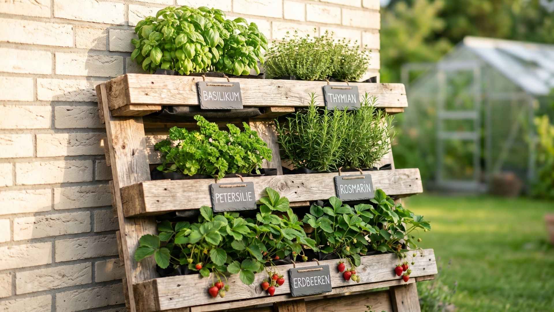 Eine selbstgebaute vertikale Kräuterwand aus einer Europalette steht an einer sonnigen Hauswand im Garten. Die Fächer sind üppig bepflanzt mit frischem Basilikum, Rosmarin, Petersilie und hängenden Erdbeeren, dekoriert mit kleinen Kreidetafeln.