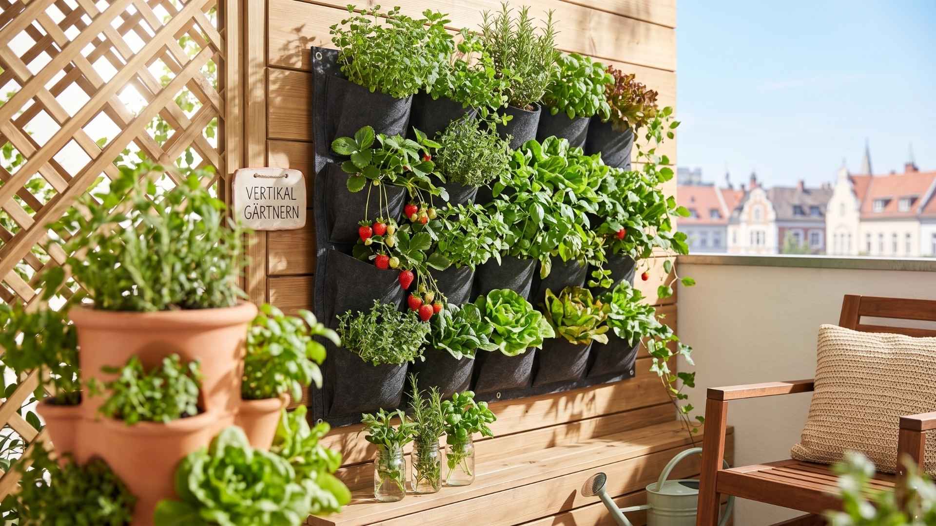 Ein helles, sonniges 16:9-Foto, das einen blühenden, automatisierten vertikalen Garten auf einem modernen Stadtbalkon zeigt. Ein großer, dunkler Filzbeutel-Wandpflanzer, der an einem Holzlattenzaun befestigt ist, quillt über vor Kräutern (Rosmarin, Basilikum, Thymian), Salat, Blattgemüse und Erdbeeren mit reifen Früchten. Auf der linken Seite befindet sich eine Terrakotta-Pflanzsäule, ebenfalls voll mit Pflanzen. Ein kleines Holzschild mit der Aufschrift 'VERTIKAL GÄRTNERN' ist angebracht. In der Nähe einer Gießkanne ist ein kleines Solarpanel für das Bewässerungssystem zu sehen. Der Hintergrund bietet einen klaren Blick auf eine charmante europäische Stadtlandschaft unter blauem Himmel.