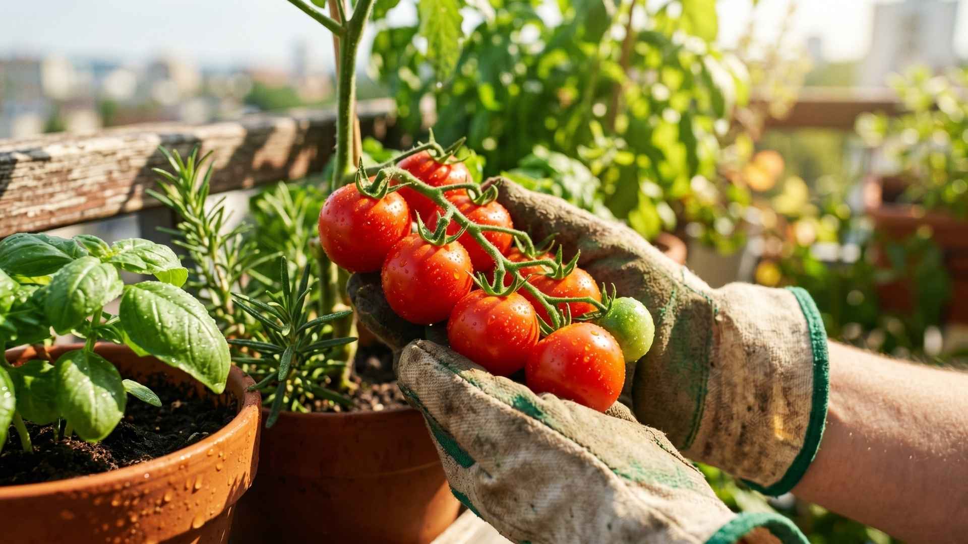 Ein modernes, vertikales Pflanzenregal aus Holz und Metall auf einem kleinen Apartment-Balkon. Auf den Regalböden stehen ordentlich aufgereihte, minimalistische Töpfe mit kompaktem Balkongemüse wie Buschtomaten, kleinen Chilipflanzen und frischen Küchenkräutern vor einer hellen Klinker-Ziegelwand im weichen Morgenlicht.