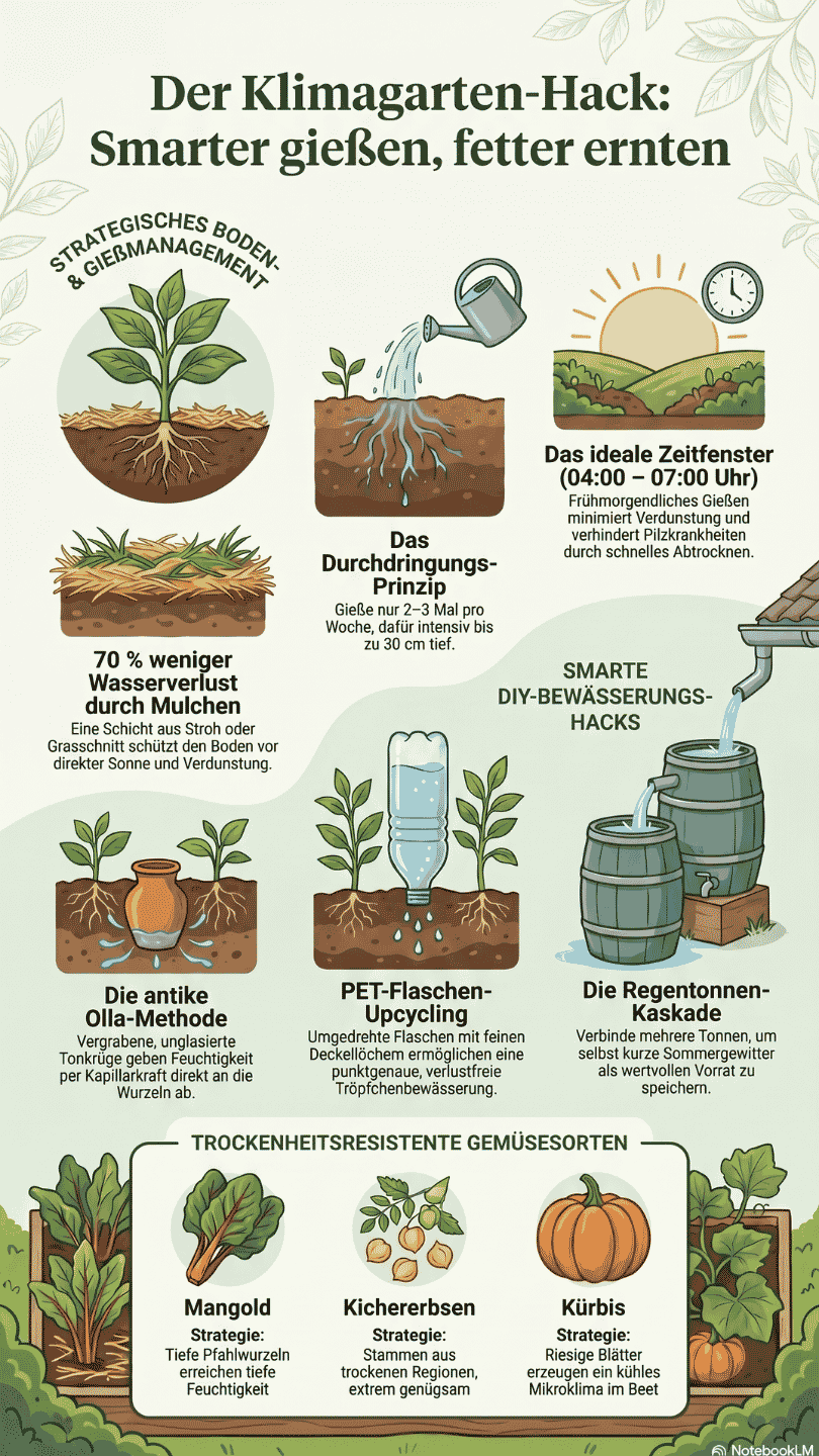 Eine Infografik mit dem Titel "Der Klimagarten-Hack: Smarter gießen, fetter ernten". Sie zeigt verschiedene Tipps und Tricks für nachhaltiges Gärtnern, darunter strategisches Bodenmanagement, Mulchen, das Durchdringungs-Prinzip, das ideale Zeitfenster zum Gießen, PET-Flaschen-Upcycling, die antike Olla-Methode und die Regentonnen-Kaskade. Im unteren Bereich werden trockenheitsresistente Gemüsesorten wie Mangold, Kichererbsen und Kürbis vorgestellt.