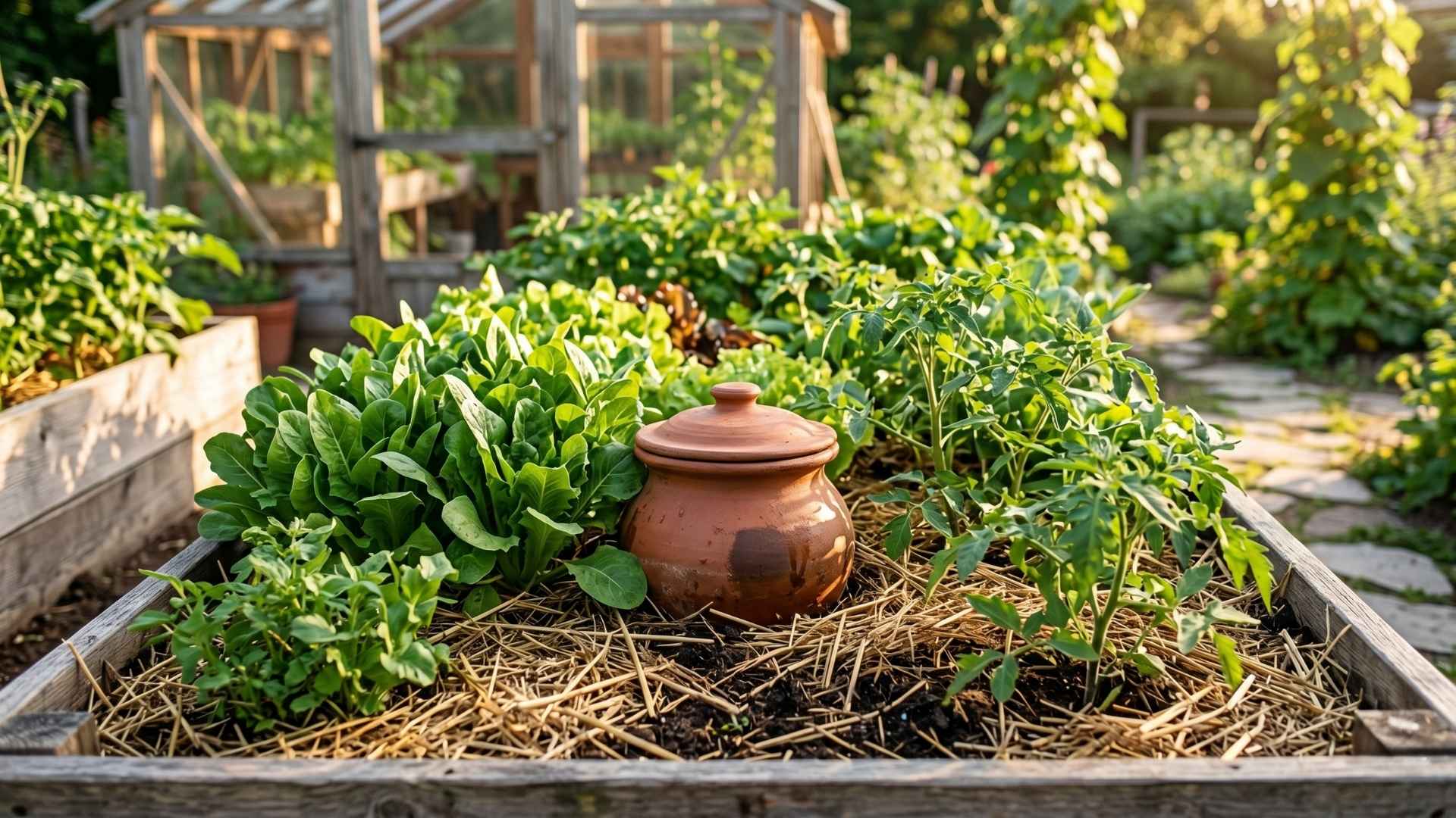 Wasser sparen im Garten. Nahaufnahme eines unglasierten Olla-Tontopfs, der zwischen gesunden Gemüsepflanzen in einem mit Stroh gemulchten Beet eingebettet ist. Warmes Nachmittagslicht beleuchtet die organischen Texturen im Garten.