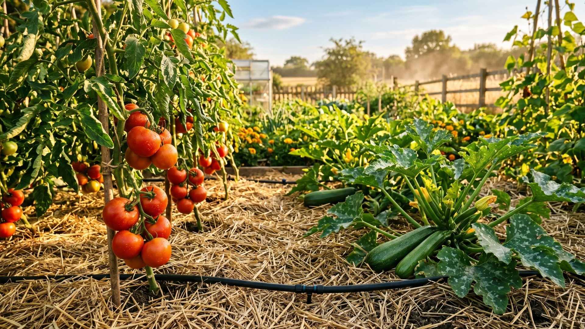 Produktiver Gemüsegarten im Sommer mit reifen Tomaten an der Staude und Zucchini auf einer dicken Schicht Stroh-Mulch, bewässert durch einen schwarzen Tröpfchenschlauch bei Sonnenschein.