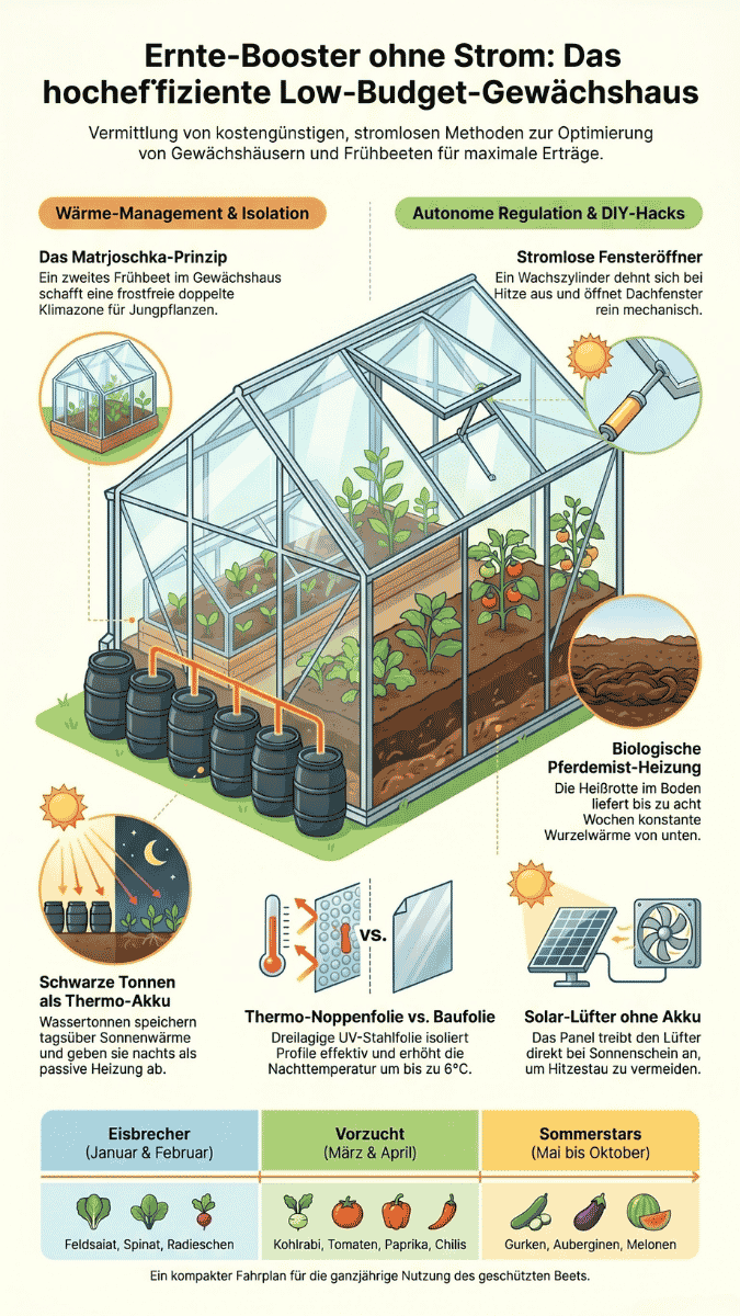 Infografik „Ernte-Booster ohne Strom“ für das Low-Budget-Gewächshaus mit Anleitungen zum Matrjoschka-Prinzip, automatischen Fensteröffnern, schwarzen Wassertonnen als Thermo-Akku, Solar-Lüftern und Pferdemist-Heizung inklusive Ganzjahres-Anbauplan.