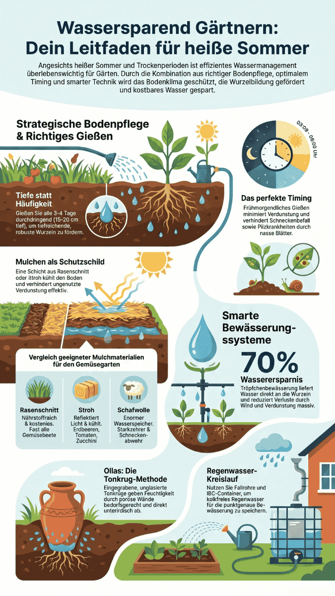 Infografik zum Thema wassersparend gärtnern mit Tipps zu Bodenpflege, richtigem Gießen, Mulchen im Gemüsegarten, smarter Tröpfchenbewässerung mit 70% Wasserersparnis, DIY-Ollas und der Nutzung eines Regenwasser-Kreislaufs.