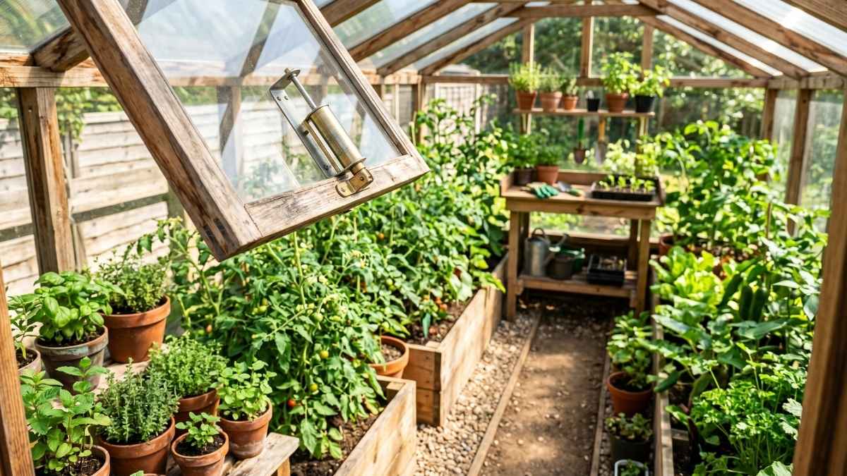 Innenansicht eines Low-Budget-Gewächshauses mit einem automatischen, stromlosen Fensteröffner am geöffneten Dachfenster und Tomatenpflanzen.