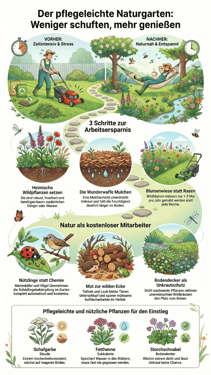 Eine übersichtliche Infografik mit dem Titel „Der pflegeleichte Naturgarten: Weniger schuften, mehr genießen“. Im oberen Bereich zeigt sie den Vorher-Nachher-Vergleich zwischen einem stressigen Rasengarten und einer entspannten Oase in der Hängematte. Darunter folgen praktische Tipps wie das Setzen heimischer Wildpflanzen, Mulchen, das Anlegen einer Blumenwiese, der Einsatz von Nützlingen, wilde Ecken mit Totholz sowie Bodendecker. Am unteren Rand werden Schafgarbe, Fetthenne und Storchschnabel als pflegeleichte Einstiegspflanzen vorgestellt.