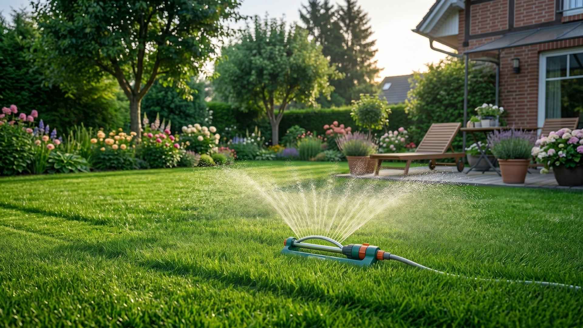 Fotorealistische Aufnahme eines oszillierenden Rasensprengers, der am frühen Morgen einen gepflegten, sattgrünen Garten wässert.