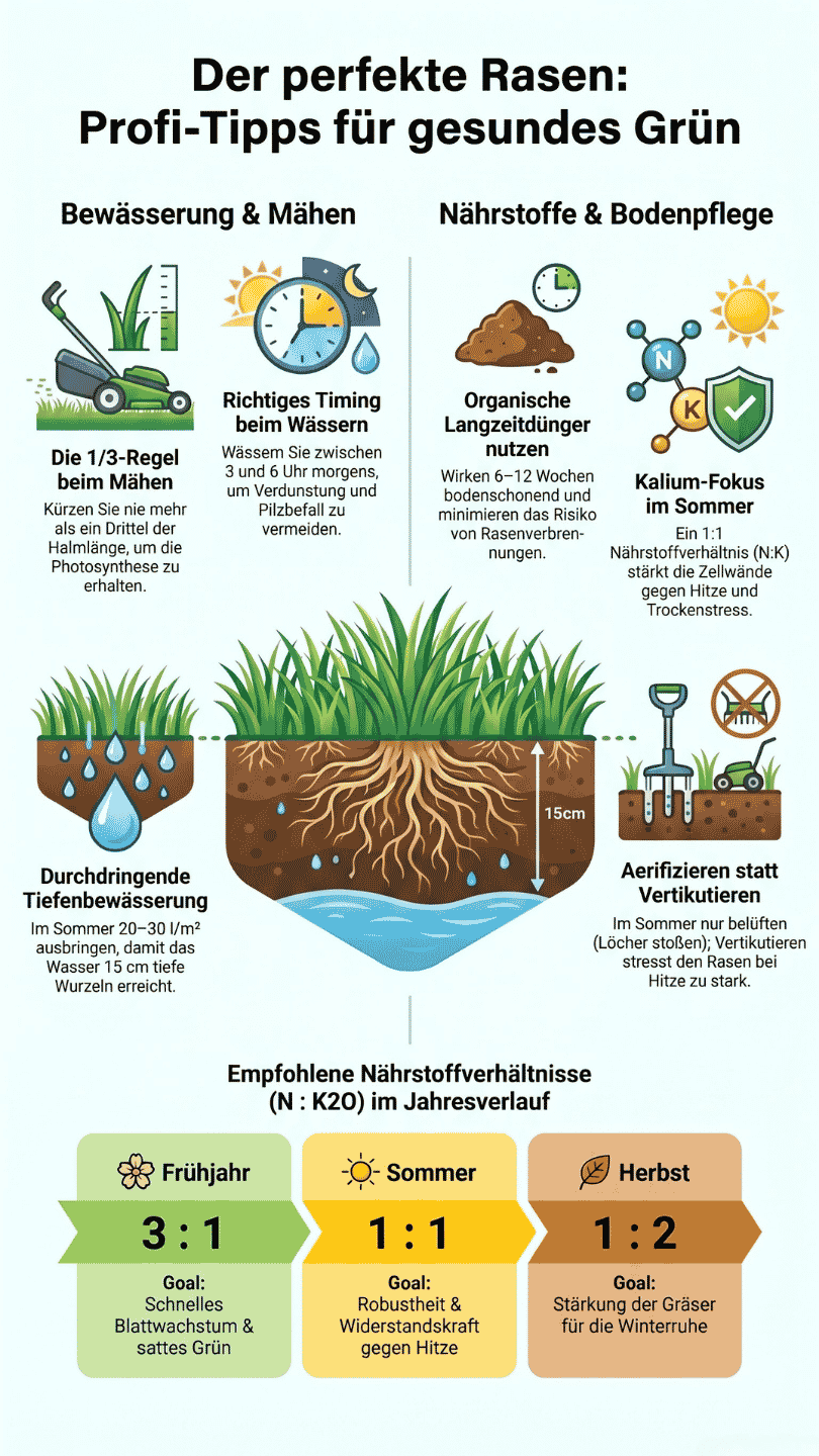 Infografik „Der perfekte Rasen: Profi-Tipps für gesundes Grün“ mit Anleitungen zur Bewässerung, der 1/3-Mähregel, Tiefenbewässerung bis 15 cm, organischem Langzeitdünger, Aerifizieren statt Vertikutieren sowie den optimalen Nährstoffverhältnissen (N:K) für Frühjahr (3:1), Sommer (1:1) und Herbst (1:2).