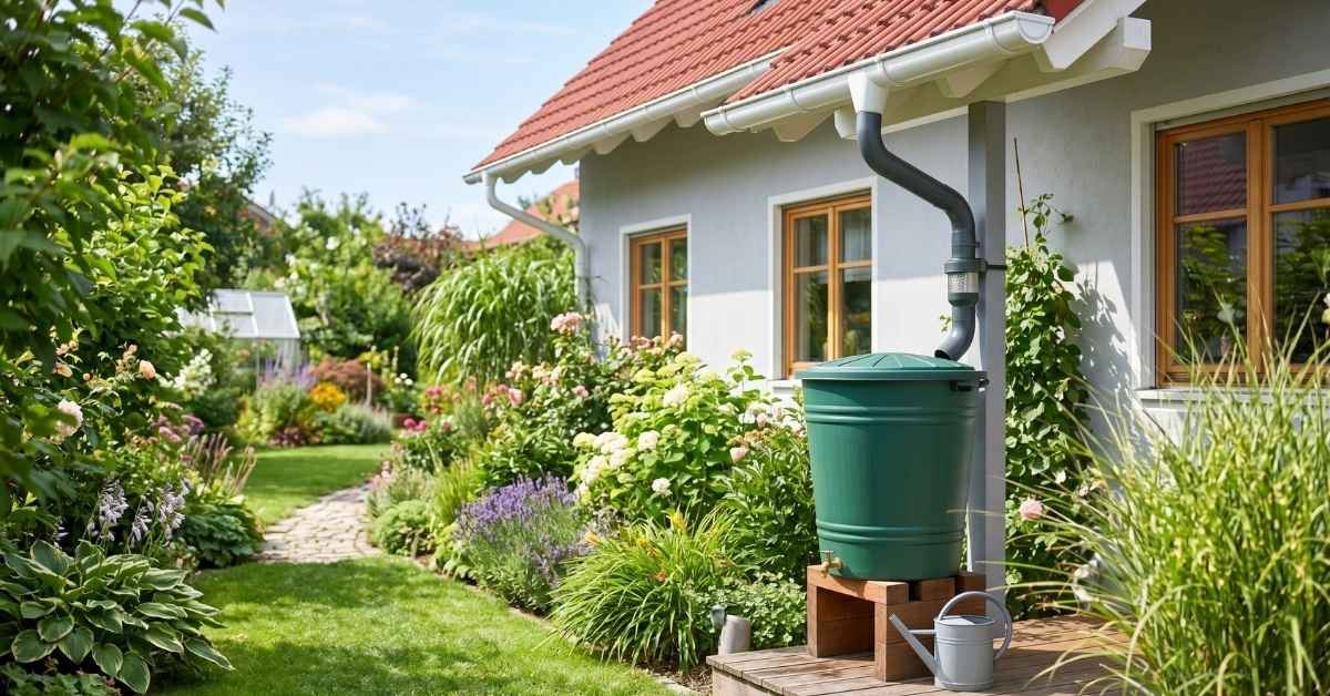 Eine grüne Regentonne steht neben einem Haus im üppigen, blühenden Garten mit Lavendel und einem Gewächshaus, um Regenwasser zu sammeln.