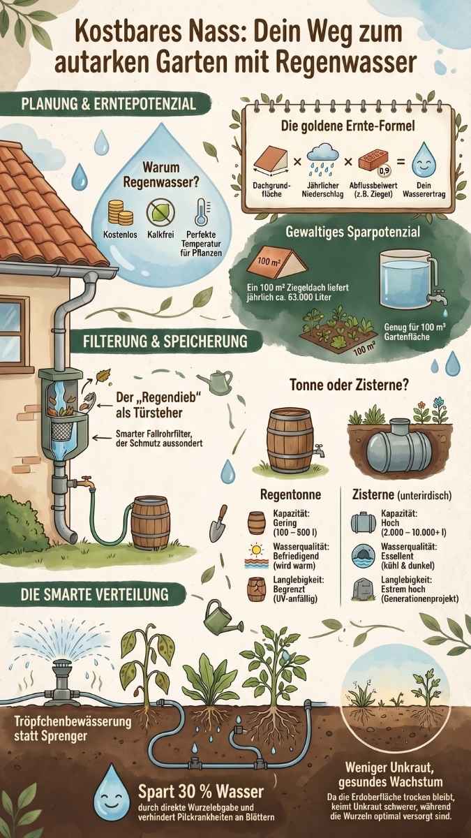 Infografik zur Regenwassernutzung im Garten: Von der Ernte-Formel über Filterung mit Regendieb, Vergleich von Regentonne und Zisterne bis zur smarten Tröpfchenbewässerung.