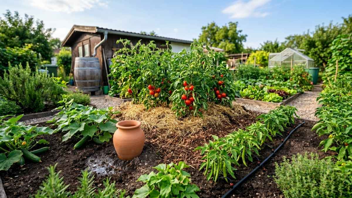 Eine im Gemüsebett eingegrabene Tonkrug Olla zur nachhaltigen Bewässerung, um im Sommer wassersparend zu gärtnern.