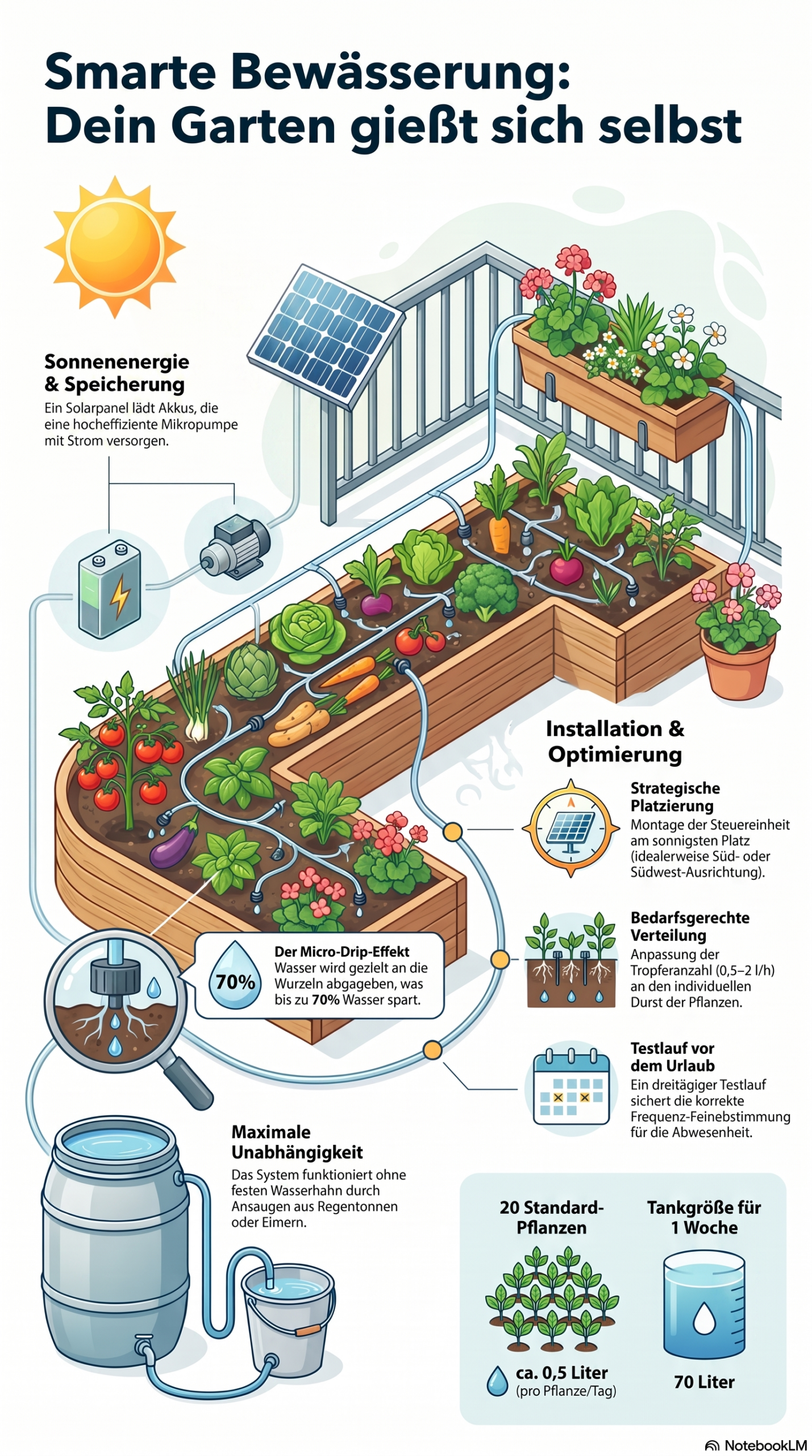 Smarte Bewässerung: Wie der Garten sich selbst gießt Infografik mit dem Titel „Smarte Bewässerung: Dein Garten gießt sich selbst“. Die Grafik zeigt ein L-förmiges Hochbeet auf einem Balkon, das über ein solarbetriebenes Micro-Drip-System automatisch aus einer Regentonne bewässert wird. Wichtige Elemente wie Solarpanel, Mikropumpe, Wassertank und verschiedene Gemüse- und Blumenpflanzen sind anschaulich illustriert und beschriftet.
