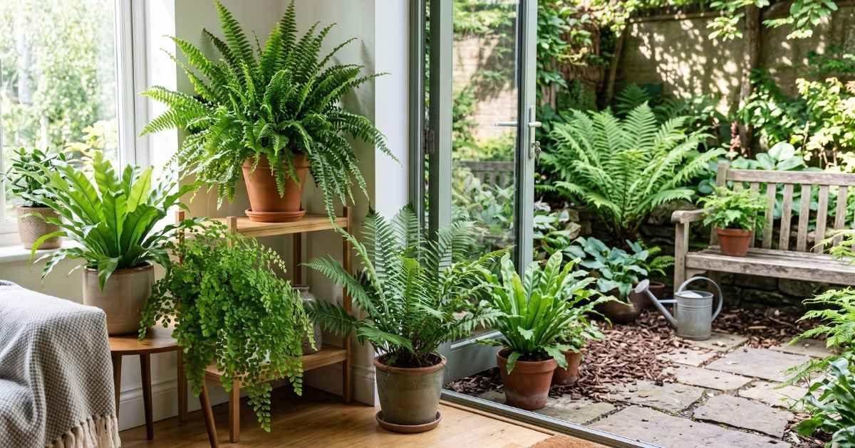 Ueppige grüne Farne an einem schattigen Standort im Garten und als Zimmerpflanze