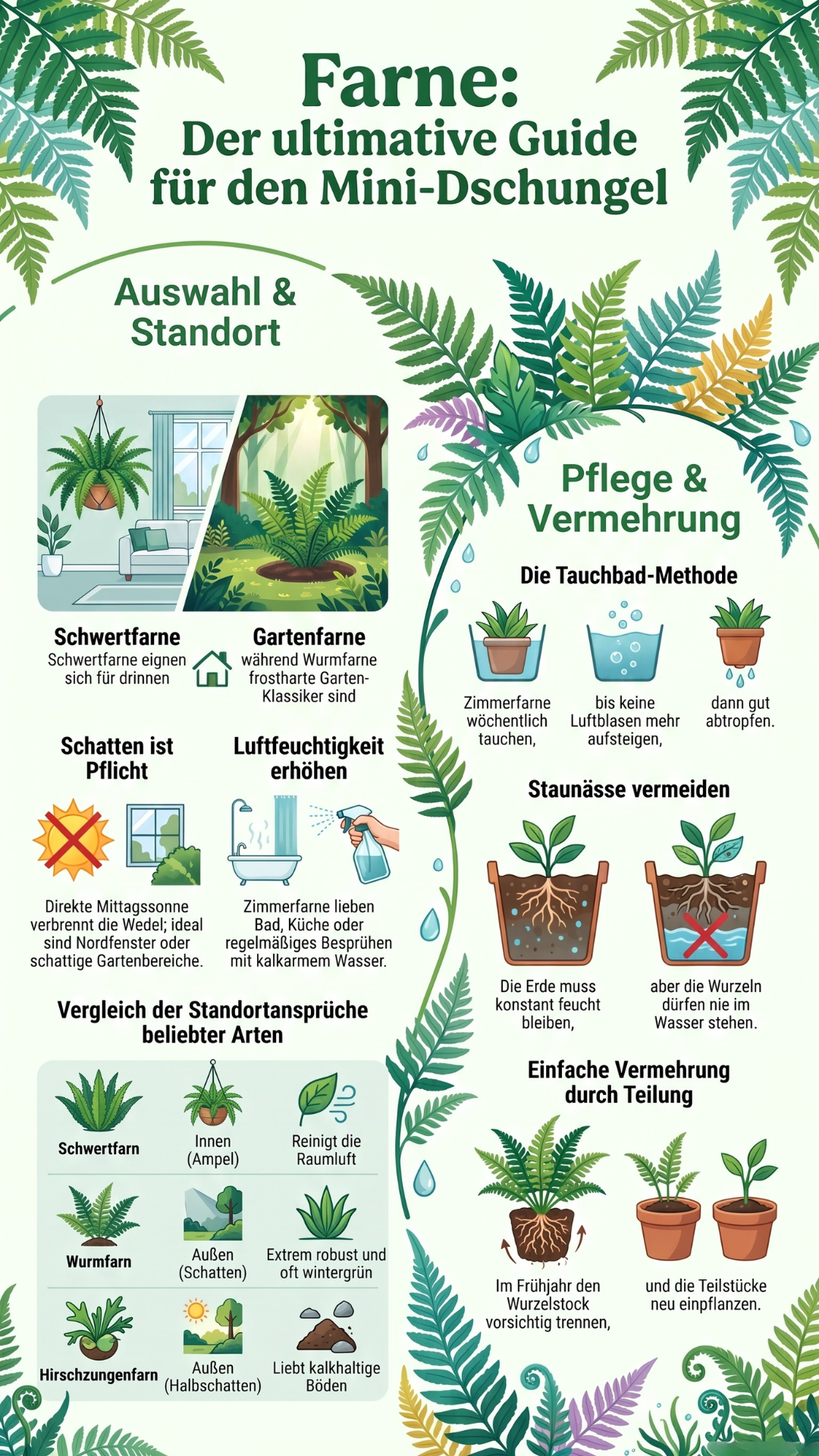 Infografik mit dem Titel 'Farne: Der ultimative Guide für den Mini-Dschungel'. Sie zeigt Tipps zu Auswahl, Standort und Pflege von Schwertfarnen, Wurmfarnen und Hirschzungenfarnen sowie die Tauchbad-Methode und Pflanzenvermehrung durch Teilung.