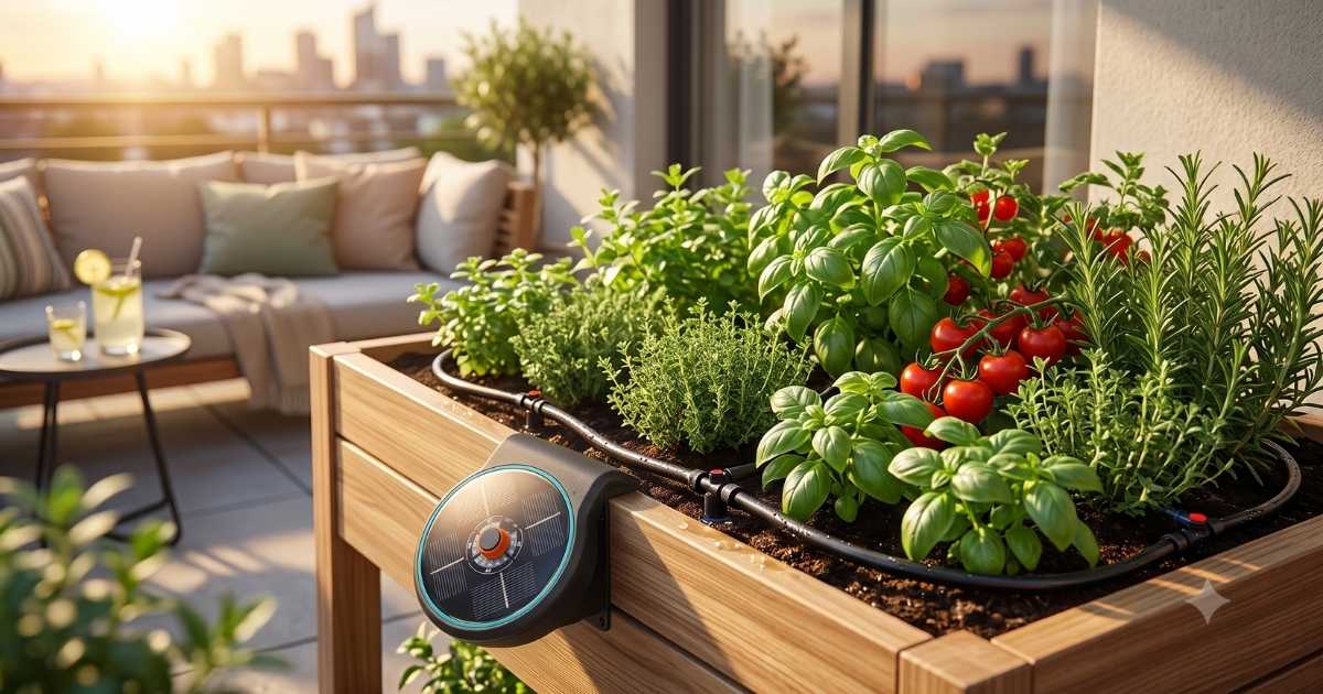 Automatische Solar-Bewässerung im Hochbeet mit Tomaten und Basilikum auf einem modernen Balkon bei goldenem Sonnenlicht.
