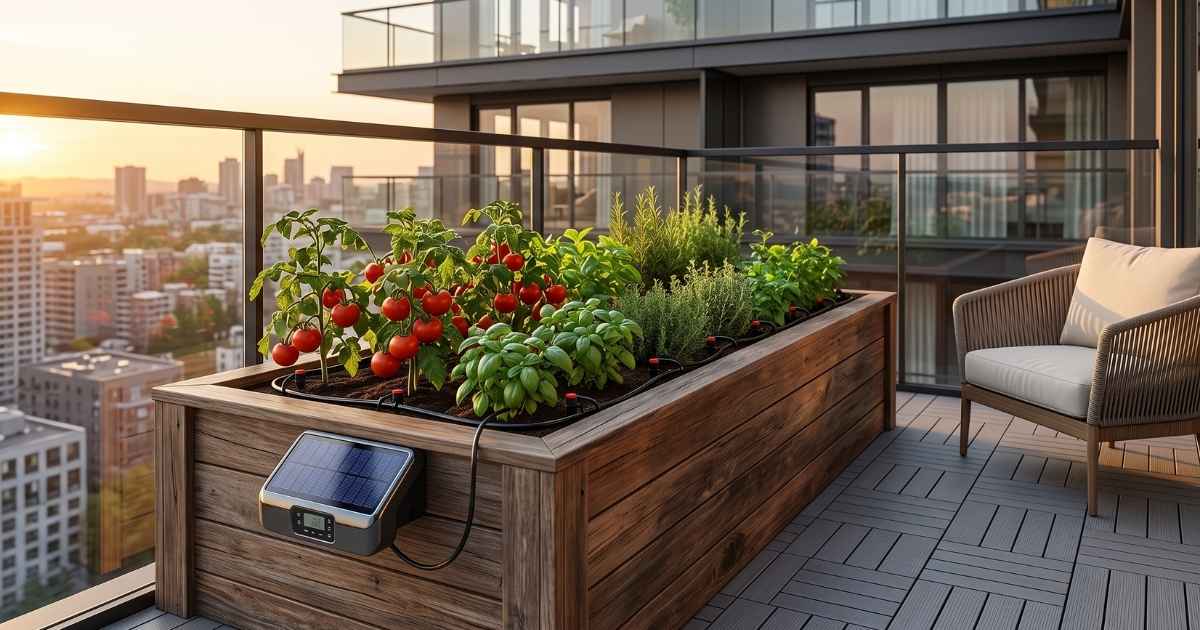 Solar-Bewässerungssystem für Hochbeet und & Balkon Automatische Solar-Bewässerung mit integriertem Solarpanel montiert an einem hölzernen Hochbeet voller Tomaten und Kräuter auf einem modernen Balkon zur Urlaubsüberbrückung.
